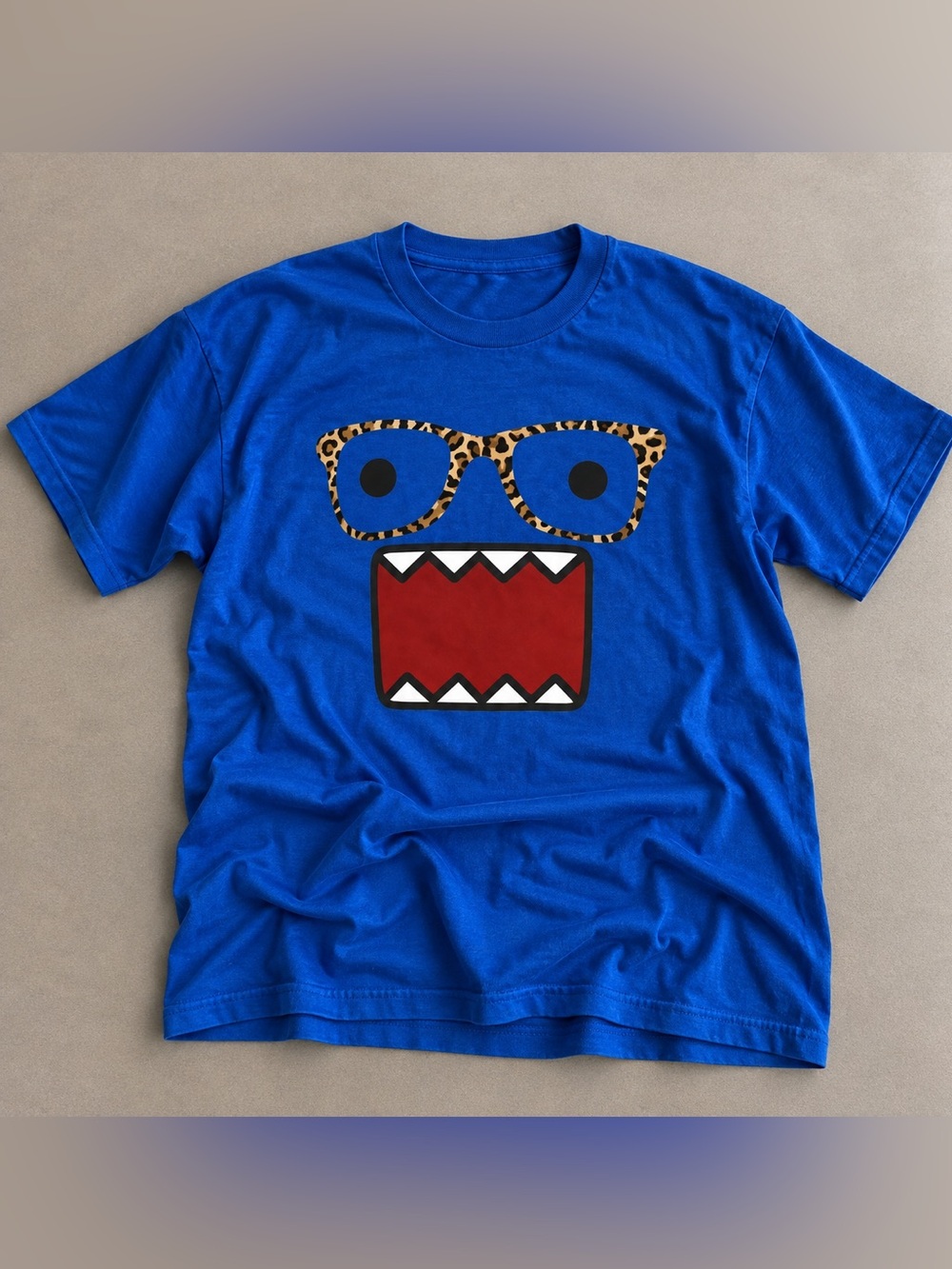 Gildan Neon Blue Tee with Leopard Glasses and Red Monster Mouth